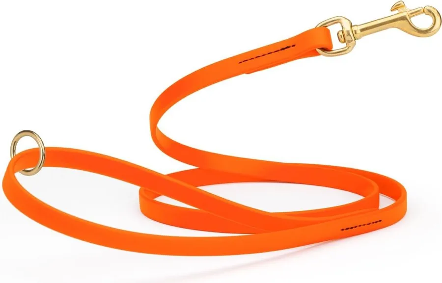 Orange biothane leash with a brass snap