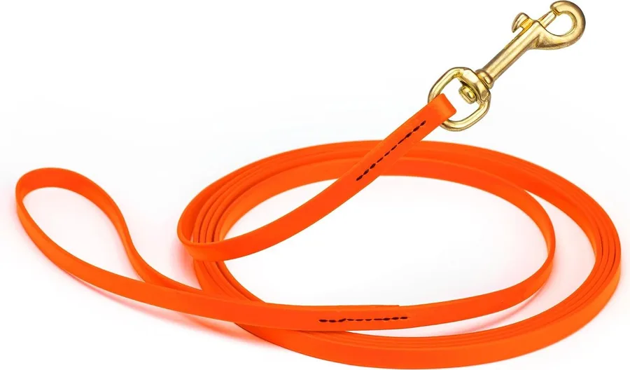 Orange biothane long line with a brass snap