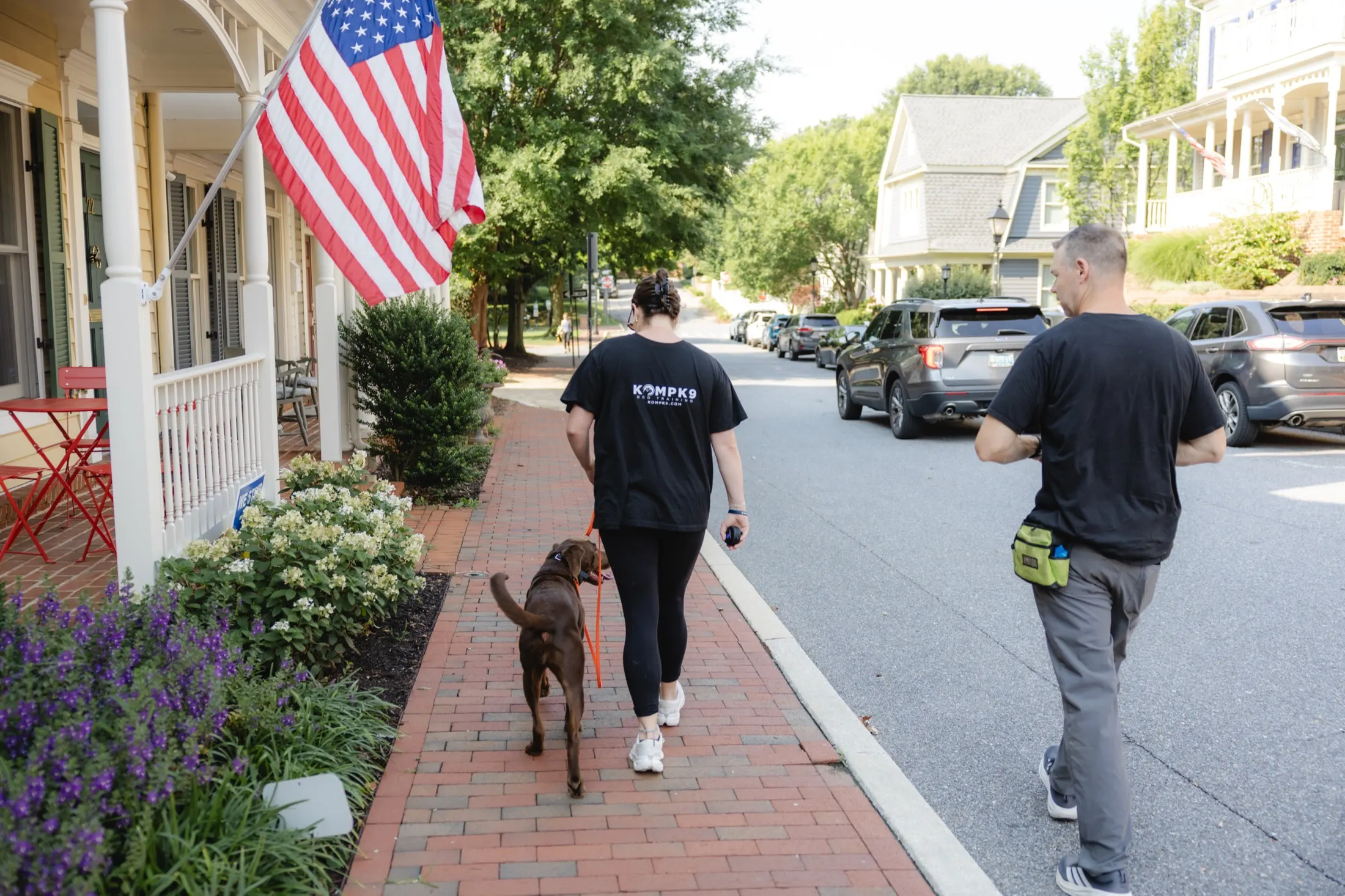 A handler and Zak walking a chocolate lab along a brick sidewalk past an American flag on a porch